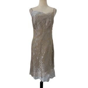 Angel Sanchez Gold Silver Metallic Lace Slip Dress Romantic Cocktail Event Sz M